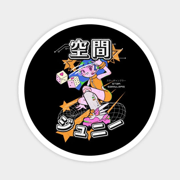 Star Gambler T-Shirt: Futuristic Anime Girl Dice Thrower - Manga Streetwear Tee Magnet by Designed By Marty